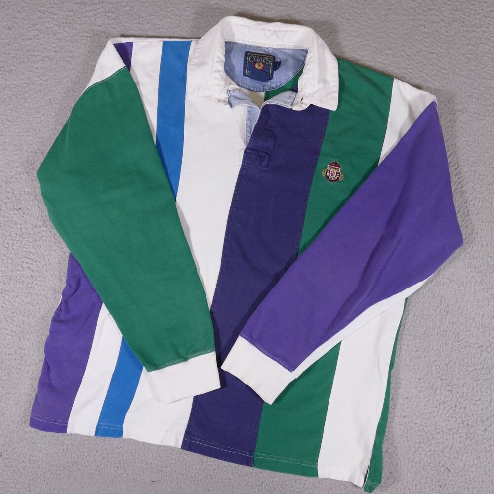 Vintage Chaps Ralph Lauren Rugby Shirt Mens L Long Sleeve Green Purple 90s Y2K